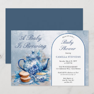 Elegante Blauwe Bloemen Theeset Baby shower Kaart