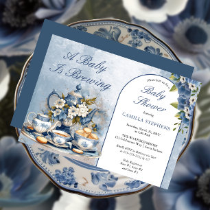 Elegante Blauwe Bloemen Theeset Baby shower Kaart