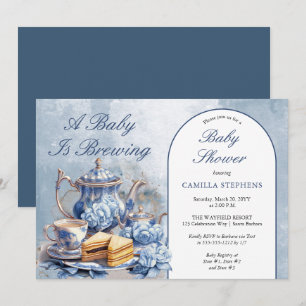 Elegante Blauwe Bloemen Theeset Baby shower Kaart