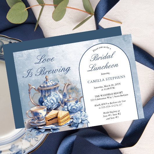 Elegante Blauwe Bloemen Theeset Bruids Luncheon Th Kaart