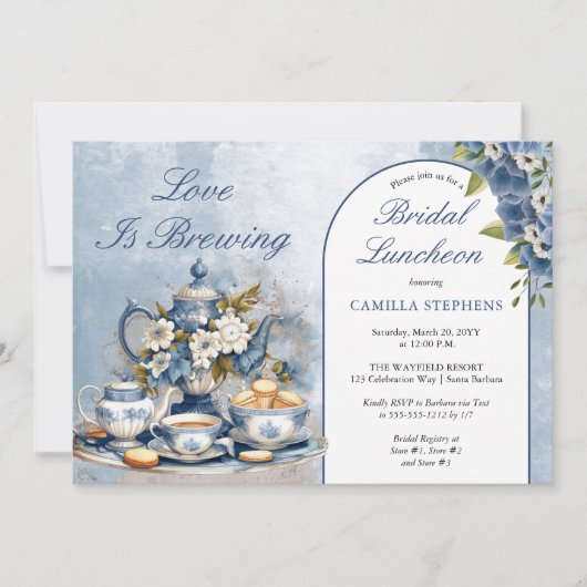 Elegante Blauwe Bloemen Theeset Bruids Luncheon Th Kaart (Voorkant)