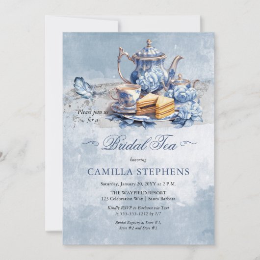 Elegante Blauwe Bloemen Theeset Bruids Thee Douche Kaart (Voorkant)