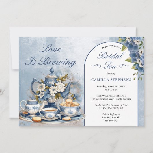 Elegante Blauwe Bloemen Theeset Vrijgezellenfeest Kaart (Voorkant)