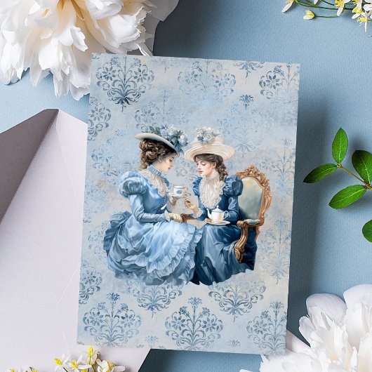 Elegante Blauwe Bloemen Theeset Vrijgezellenfeest Kaart