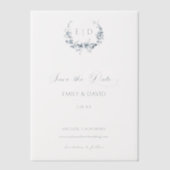 Elegante Blauwe Bloemen Toile Crest Save the Date Vellum Uitnodigingen (Voorkant)