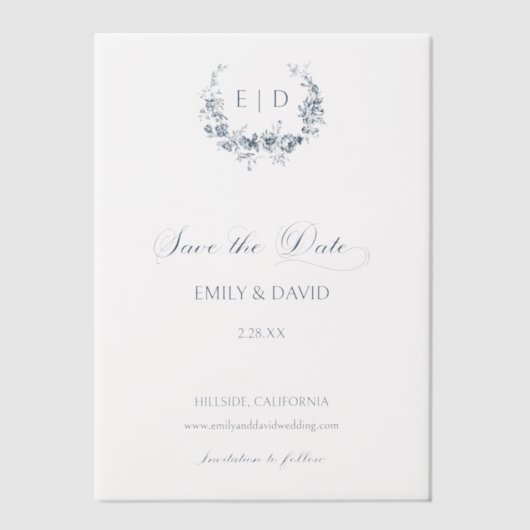 Elegante Blauwe Bloemen Toile Crest Save the Date Vellum Uitnodigingen (Voorkant)