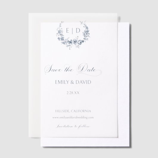 Elegante Blauwe Bloemen Toile Crest Save the Date Vellum Uitnodigingen (Offset)