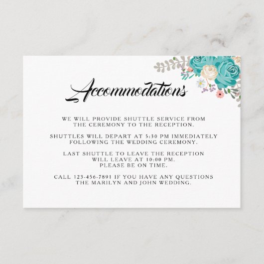 Elegante Blauwe Bloemen Trouwaccommodaties Informatiekaartje (Voorkant)