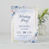 Elegante Blauwe Bloemen Trouwfeest Folie Uitnodiging (Staand Voorkant)