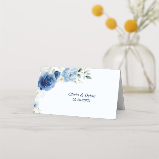 Elegante Blauwe Bloemen Trouwplaats Kaart Plaatskaartje (Achterkant)