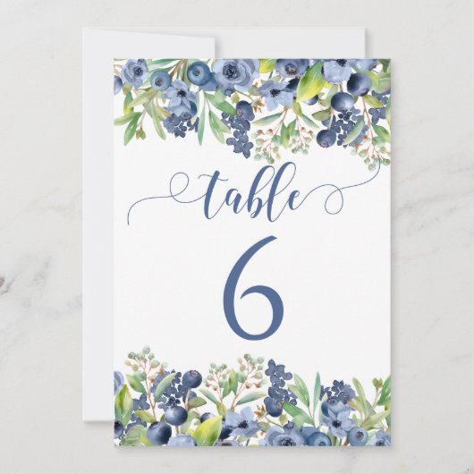 Elegante blauwe bloemen trouwtafel nummers kaart (Voorkant)