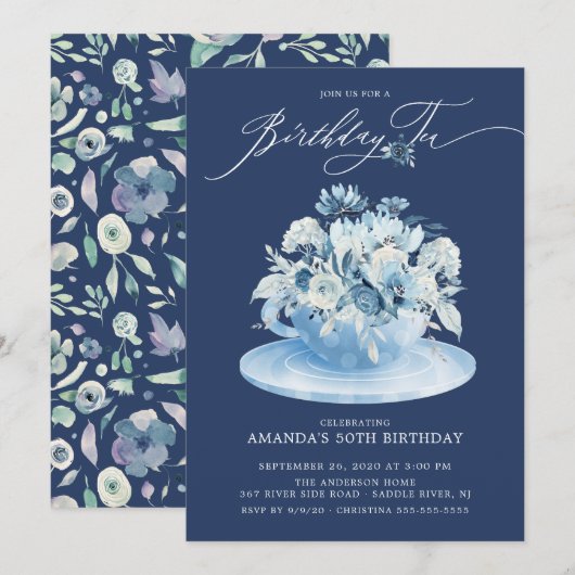 Elegante Blauwe Bloemen Verjaardag Thee Kaart (Voorkant / Achterkant)