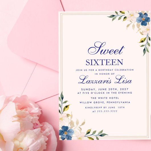 Elegante Blauwe Bloemen Verjaardagsfeest Sweet Six Kaart