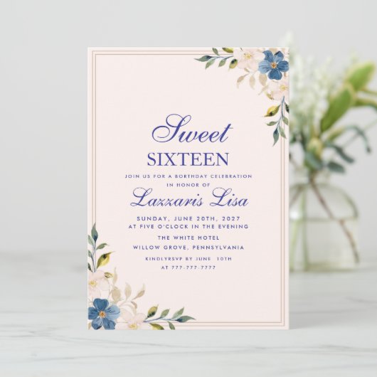 Elegante Blauwe Bloemen Verjaardagsfeest Sweet Six Kaart (Staand voorkant)