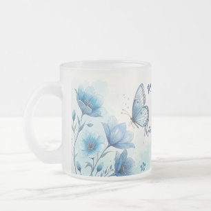 Elegante Blauwe Bloemen & Vlinder Custom Matglas Koffiemok