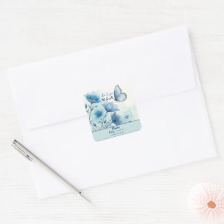 Elegante Blauwe Bloemen & Vlinder Custom Vierkante Sticker
