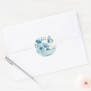 Elegante Blauwe Bloemen & Vlinder Maatwerk Ronde Sticker