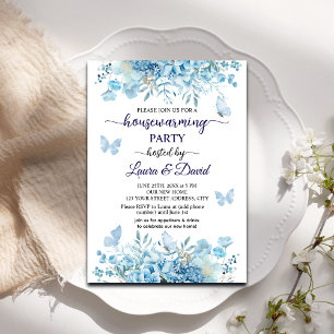 Elegante blauwe bloemen vlinders housewarming part kaart