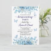 Elegante blauwe bloemen vlinders housewarming part kaart (Staand voorkant)