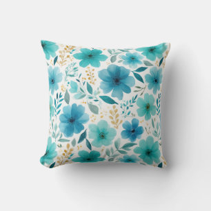 Elegante Blauwe Bloemen Waterverf Botanisch Kussen