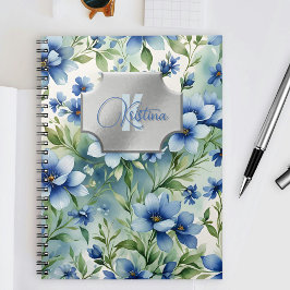 Elegante Blauwe Bloemen Waterverf met Zilveren Pla Notitieboek