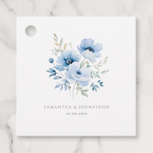 Elegante Blauwe Bloemen Waterverf Trouwgunst Label (Voorkant)