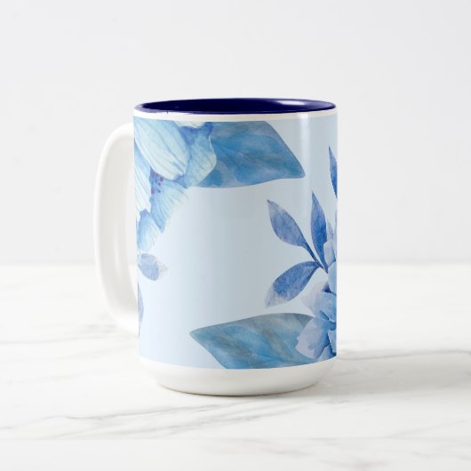 Elegante Blauwe Bloemen Waterverf Tweekleurige Koffiemok (Voorkant links)