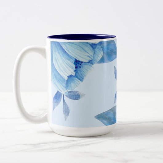 Elegante Blauwe Bloemen Waterverf Tweekleurige Koffiemok (Links)
