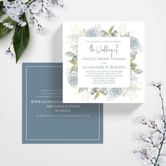 Elegante Blauwe Bloemen Wedding Script Square Kaart