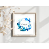 Elegante Blauwe Bloemen "Welkom" Waterverf Kunst Poster