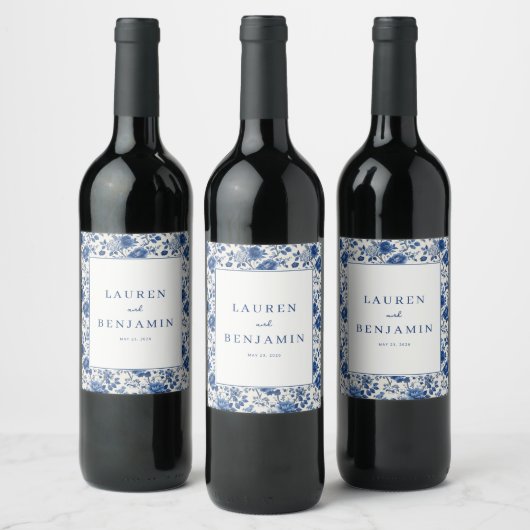Elegante Blauwe Bloemen Wijn Etiket (Flessen)