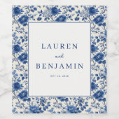 Elegante Blauwe Bloemen Wijn Etiket (Enkel label)