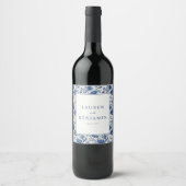 Elegante Blauwe Bloemen Wijn Etiket (Voorkant)