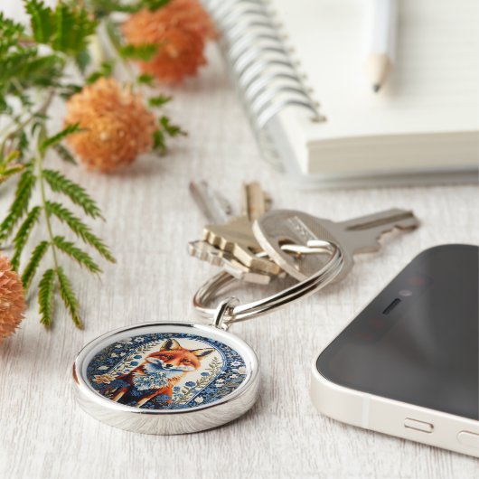 Elegante Blauwe Bloemen William Morris Geïnspireer Sleutelhanger (Zijkant)