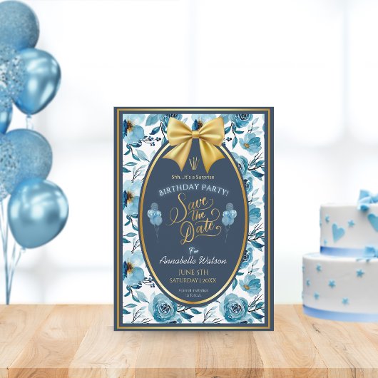 Elegante Blauwe Bloemen Witte Verrassing Verjaarda Save The Date