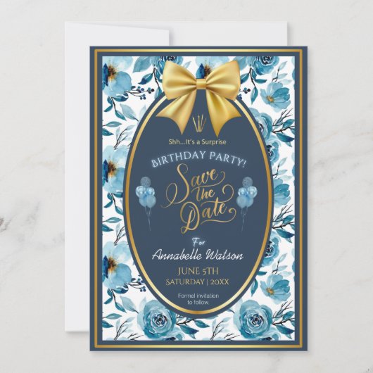 Elegante Blauwe Bloemen Witte Verrassing Verjaarda Save The Date (Voorkant)