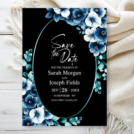 Elegante Blauwe Bloemen Zwart Ovaal Save the Date Kaart