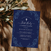 Elegante Blauwe Bloemenblad Jongens Eerste Communi Kaart