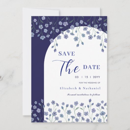 Elegante blauwe bloemenboog Save the date bruiloft Kaart (Voorkant)