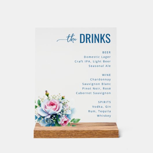 Elegante Blauwe Bloemendrankenmenu Acryl Bord (Voorkant)