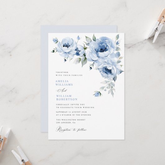Elegante blauwe bloemenkalligrafie bruiloft kaart (Voorkant / Achterkant in situ)