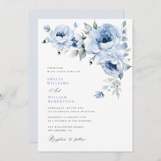 Elegante blauwe bloemenkalligrafie bruiloft kaart (Voorkant / Achterkant)