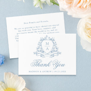 Elegante Blauwe Bloemenkam Kroon Monogram Huwelijk Bedankkaart