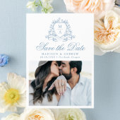 Elegante Blauwe Bloemenkam Monogram Fotobruiloft Save The Date