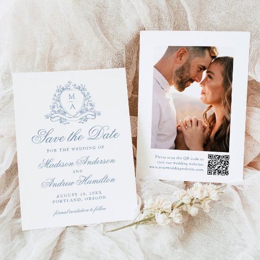 Elegante Blauwe Bloemenkam Monogram Fotobruiloft Save The Date