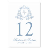 Elegante Blauwe Bloemenkam Monogram Huwelijk Kaart (Voorkant)