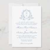 Elegante Blauwe Bloemenkam Monogram Huwelijk Kaart (Voorkant)