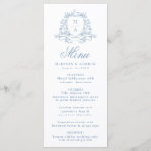 Elegante Blauwe Bloemenkam Monogram Huwelijk Menu (Voorkant)