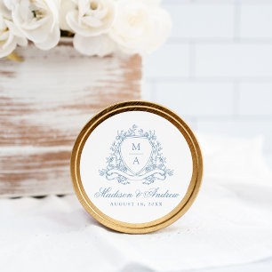 Elegante Blauwe Bloemenkam Monogram Huwelijk Ronde Sticker