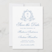 Elegante Blauwe Bloemenkam Monogram Huwelijk Save The Date (Voorkant)